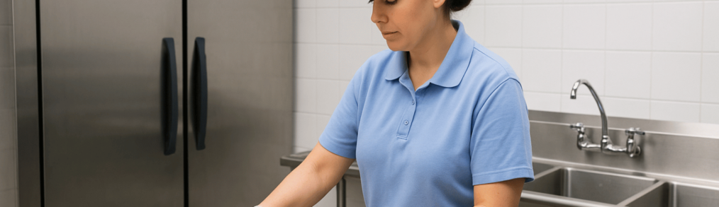 K-12 nutrition worker in school cafeteria wearing light blue shirt, dark blue baseball cap and gloves puts mini pizzas on tray. To worker's right is an industrial refrigerator and behind the worker is a silver sink.