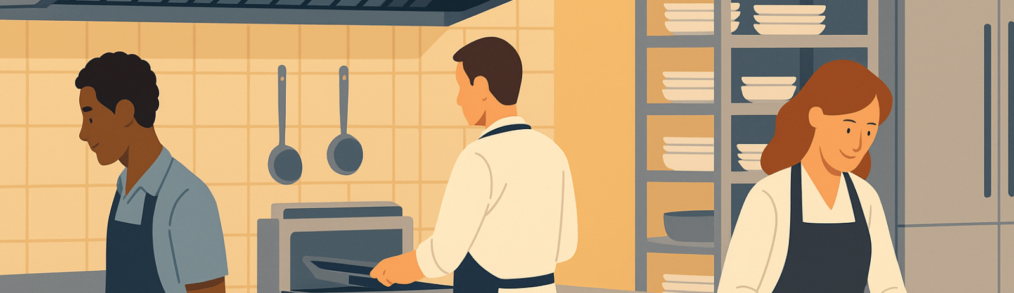 Cartoon image of three workers in a commercial kitchen. One is a man with a blue shirt, one is a man with a white shirt and one is a woman with a white shirt. All three are wearing in a commercial kitchen doing tasks.