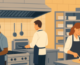 Cartoon image of three workers in a commercial kitchen. One is a man with a blue shirt, one is a man with a white shirt and one is a woman with a white shirt. All three are wearing in a commercial kitchen doing tasks.