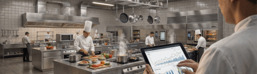 looking over chef's shoulder as he holds an ipad in a restaurant kitchen