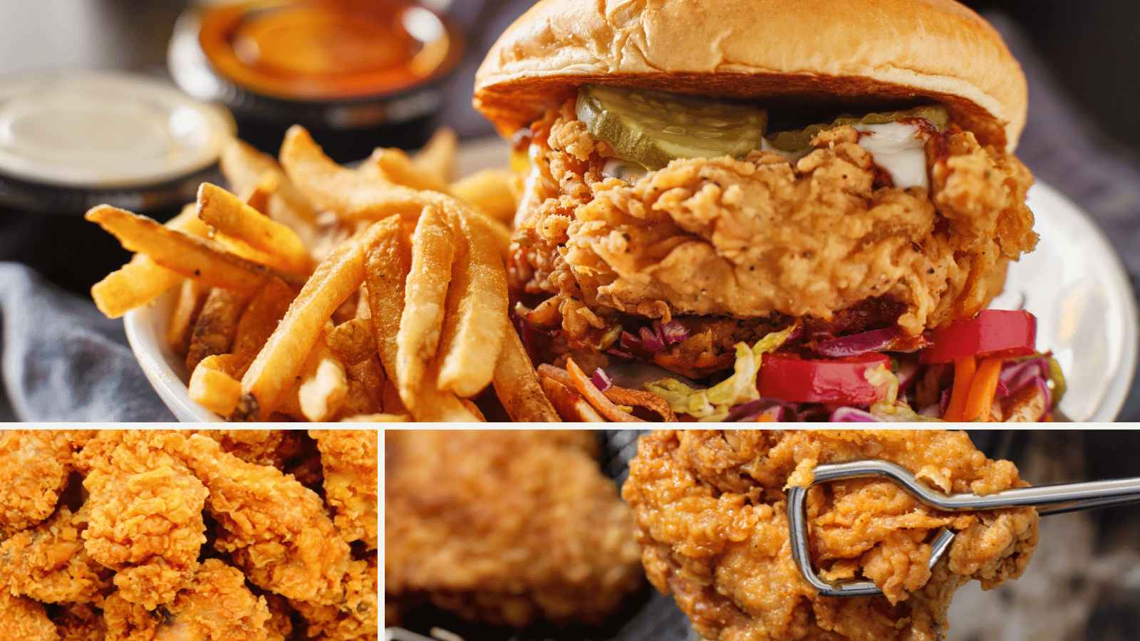 Top left: Bone-in fried chicken pieces served on a platter with classic side dishes Top right: Crispy fried chicken sandwich with pickles and sauce served alongside French fries Bottom left: Basket of golden fried chicken tenders with crunchy breading Bottom right: Close-up of crispy fried chicken breading texture during preparation