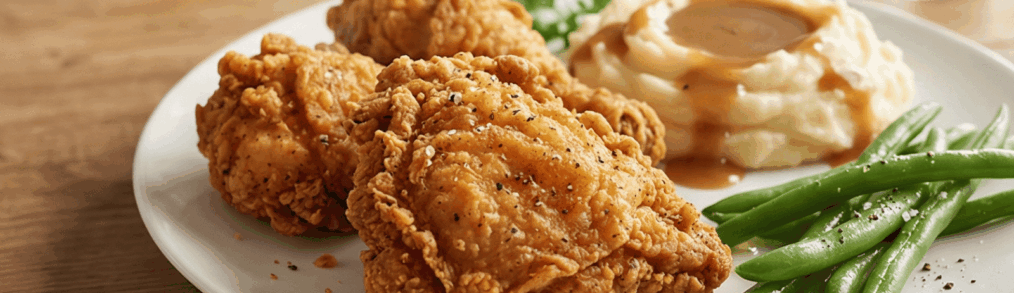 Close-up of a plated fried chicken meal on a white plate, showing two pieces of golden-brown crispy fried chicken with textured breading, a scoop of mashed potatoes topped with brown gravy, and a side of green beans sprinkled with coarse salt and black pepper on a wooden tabletop.