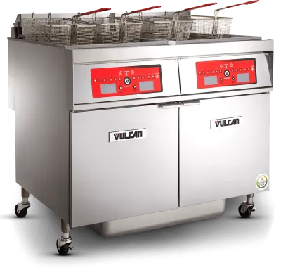 Stainless steel Vulcan commercial open floor fryer with four wire fryer baskets and red digital control panels, mounted on casters with dual cabinet doors below for storage.