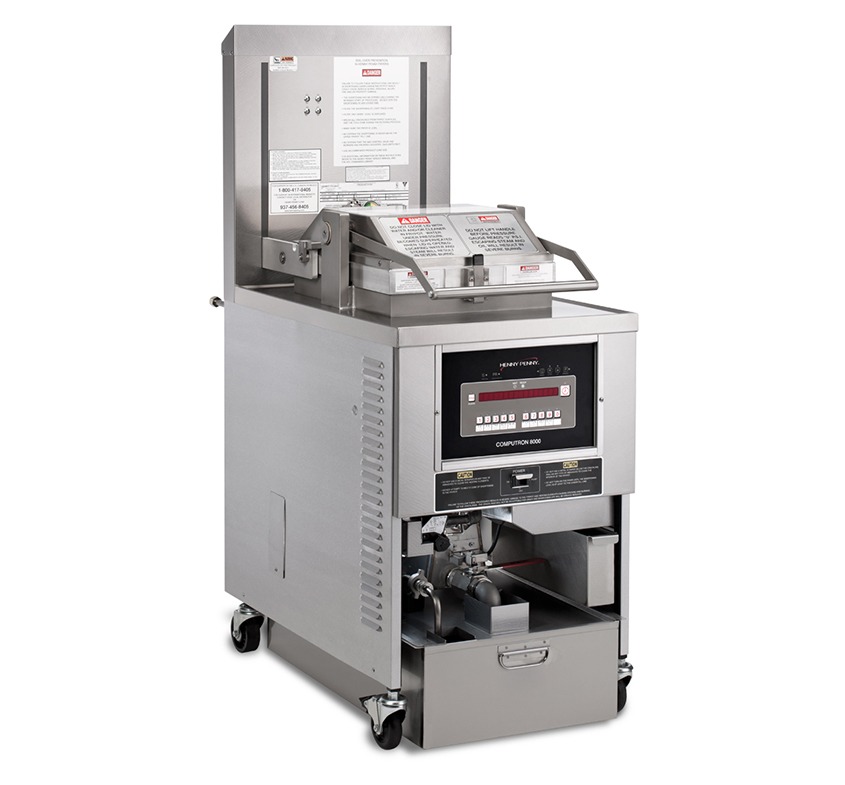 Henny Penny Pressure Fryer with the lid open and the bottom open to show the parts.