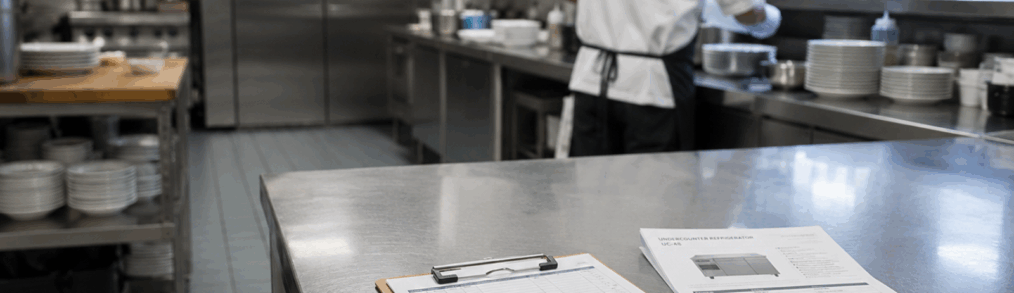 Commercial kitchen prep area with stainless steel surfaces and a clipboard — an operator reviews equipment specifications during commercial kitchen equipment selection