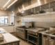 inside a commercial kitchen looking out the passthrough window toward the dining room