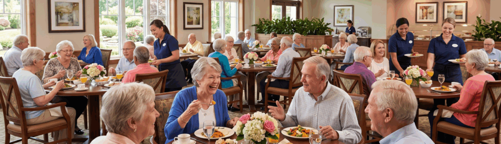 inside a senior living dining room as residents eat lunch