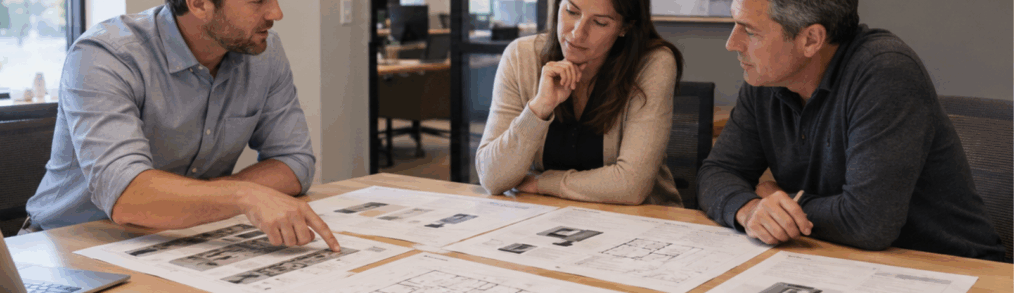 Operator and commercial kitchen equipment dealer team comparing equipment spec sheets and kitchen floor plans across a conference table