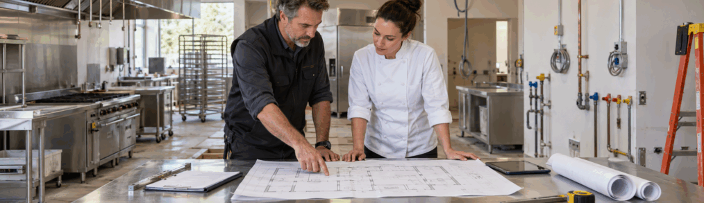 Facilities manager and chef reviewing a commercial kitchen floor plan at a prep table during a kitchen renovation