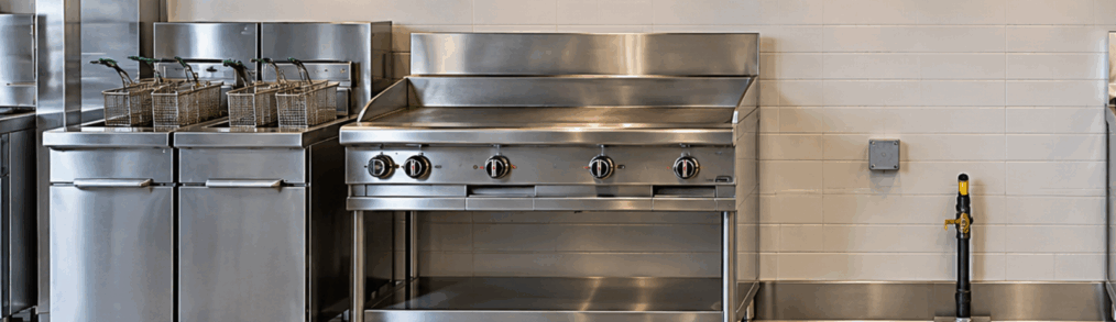 Nearly finished commercial kitchen cook line with an empty gap where an oven should be, showing a capped gas line and electrical box on the wall